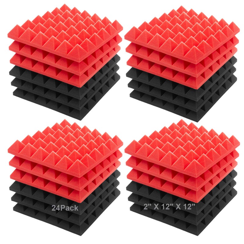 JBER Acoustic Sound Foam Panels, 24 Pack 2" X 12" X 12" Red and Black Soundproofing Treatment Studio Wall Padding Sound Absorbing Fireproof Pyramid - Image 1
